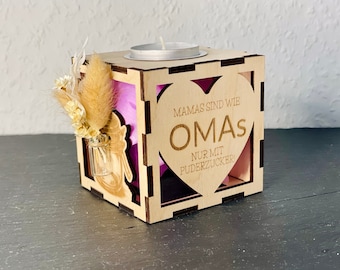 Geschenk Würfel Teelichthalter für Oma zb zum Muttertag, verschiedene Motive und individuelle Wunschgravur