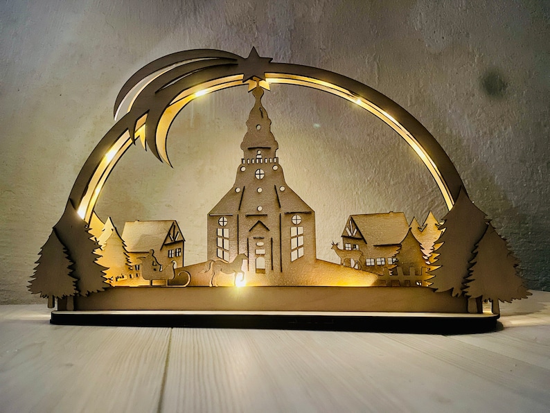 Seiffen Kerk Schwibbogen-bestand – Lasersnijsjabloon, XCS SVG PDF, Kerstmis, maak je eigen