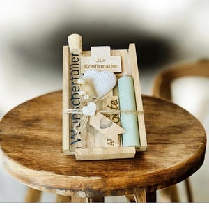 Coffret cadeau de communion avec bougie, poisson, croix en bois personnalisée et verre "WISH UFILLER" FAIT MAIN