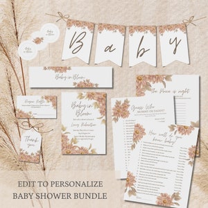 Baby in Bloom Shower Bundle | Floral Baby Shower Decorations, Favors, Invitations | Flower Theme Party | Games | Cupcake Toppers | Banner