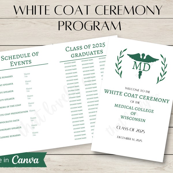 White Coat Ceremony Program Template, Editable, Programs for Medical School, Physician Assistant, Physical Therapist, Pharmacist, Nurse