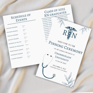Nursing Pinning Ceremony Program Template, Editable Template, Medical School, PA School, Dental School, Nursing School, RT School,Graduation