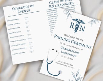 Verpleegkundige speldceremonie programmasjabloon, bewerkbare sjabloon, Medical School, PA School, Dental School, Nursing School, RT School, afstuderen