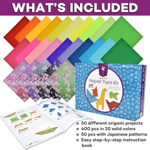 May include: Origami paper kit with 450 pieces of paper in 20 solid colors and 50 pieces with Japanese patterns. The kit includes an instruction book with easy step-by-step instructions for 50 different origami projects.