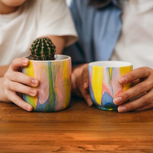 May include: Two colorful ceramic pots with a marbled design. One pot holds a small cactus. The pots have a vibrant mix of yellow, pink, blue, and green colors. The pots are sitting on a wooden surface.