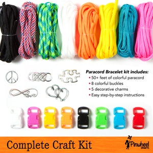 May include: A complete paracord bracelet craft kit with 50+ feet of colorful paracord, 8 colorful buckles, 5 decorative charms, and easy step-by-step instructions. The kit includes a variety of colors, including black, red, blue, green, yellow, and orange. The kit also includes a variety of charms, including a peace sign, infinity symbol, puzzle piece, and heart.