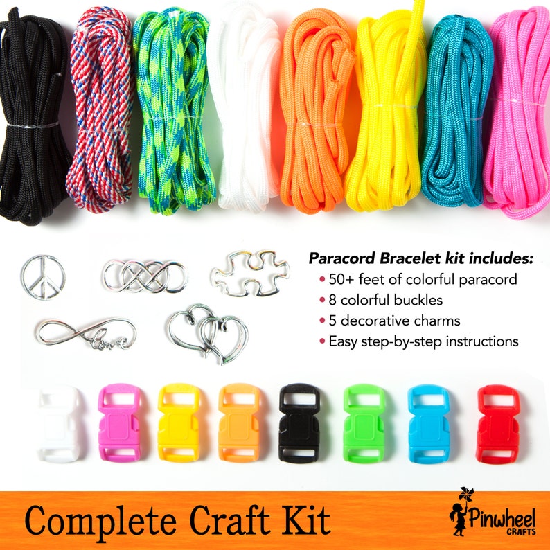 May include: A complete paracord bracelet craft kit with 50+ feet of colorful paracord, 8 colorful buckles, 5 decorative charms, and easy step-by-step instructions. The kit includes a variety of colors, including black, red, blue, green, yellow, and orange. The kit also includes a variety of charms, including a peace sign, infinity symbol, puzzle piece, and heart.