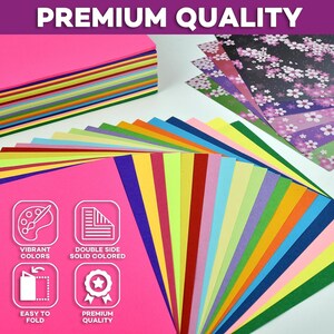 May include: A fan of colorful, double-sided paper sheets in various shades. The paper is easy to fold and is ideal for crafts, origami, and paper projects.  The paper is premium quality and vibrant.