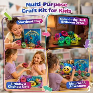 Może przedstawiać: Wielofunkcyjny zestaw rzemieślniczy dla dzieci, z tekstem "Multi-Purpose Craft Kit for Kids". Zestaw zawiera książkę z opowiadaniami, świecące w ciemności dekoracje do sypialni, prezenty urodzinowe i magiczne przygody AR. Zestaw zawiera malowane kamienie.