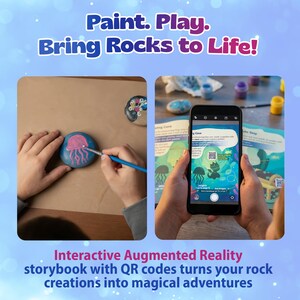 Może przedstawiać: Obraz przedstawia projekt rzemieślniczy z tekstem "Paint. Play. Bring Rocks to Life!". Osoba maluje niebieski kamień z r&oacute;żowym wzorem meduzy. Inna osoba trzyma smartfon wyświetlający kod QR i stronę z książki z opowiadaniami.