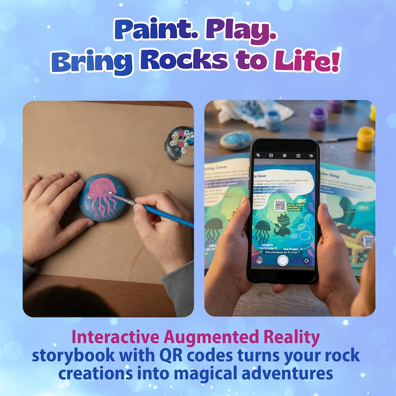 Może przedstawiać: Obraz przedstawia projekt rzemieślniczy z tekstem "Paint. Play. Bring Rocks to Life!". Osoba maluje niebieski kamień z r&oacute;żowym wzorem meduzy. Inna osoba trzyma smartfon wyświetlający kod QR i stronę z książki z opowiadaniami.