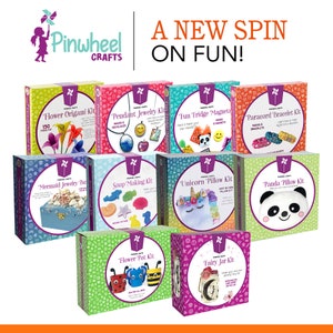 May include: A collection of 10 colorful craft kits featuring various themes, including flower origami, pendant jewelry, fun fridge magnets, paracord bracelets, mermaid jewelry, soap making, unicorn pillow, panda pillow, flower pot, and fairy jar. Each kit includes instructions and materials for creating a unique craft project.