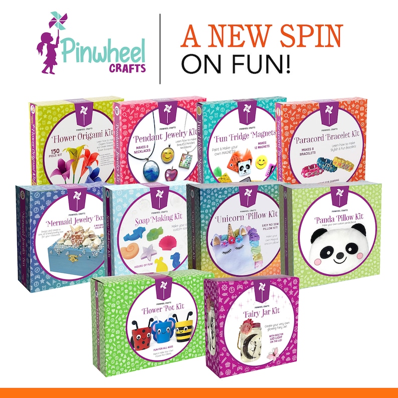 May include: A collection of 10 colorful craft kits featuring various themes, including flower origami, pendant jewelry, fun fridge magnets, paracord bracelets, mermaid jewelry, soap making, unicorn pillow, panda pillow, flower pot, and fairy jar. Each kit includes instructions and materials for creating a unique craft project.