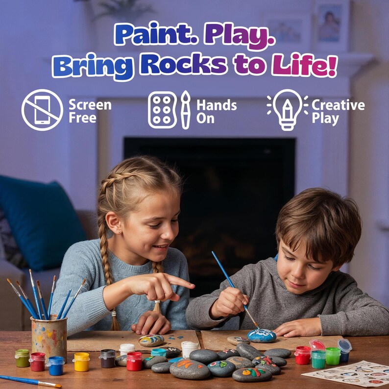 Może przedstawiać: Dwoje dzieci maluje kamienie kolorowymi farbami i pędzlami. Obraz zawiera tekst "Paint. Play. Bring Rocks to Life!" oraz ikony dla "Screen Free", "Hands On" i "Creative Play". Zabawna, praktyczna aktywność rzemieślnicza.
