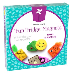 May include: A boxed craft kit for making fun fridge magnets. The box is teal with a white circle containing the text "Fun Fridge Magnets". The kit includes materials to paint and make 12 magnets, including a smiley face, leaf, and fish.