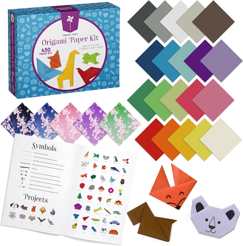 May include: Origami paper kit with 450 pieces of paper in various colors and patterns. The kit includes instructions for making 50 different origami designs. The box is blue with a white and red windmill logo. The paper is arranged in a grid with a variety of colors and patterns.