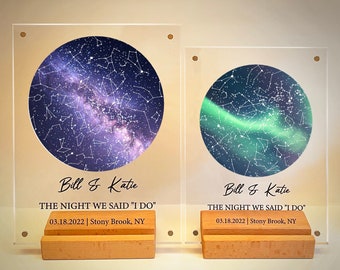 Custom acrylic star map by date, Personalized night sky frame with wooden stand, Long distance relationship gift for boyfriend, COL05