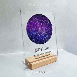 Carte des étoiles personnalisée par date, cadre du ciel nocturne personnalisé avec support en bois, cadeau d'anniversaire de 1 an pour petit ami, SMP