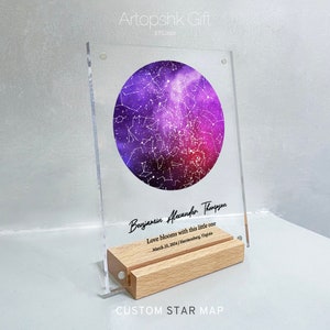Carte des étoiles le jour de votre naissance, Carte des étoiles personnalisée par date, Cadre du ciel nocturne personnalisé avec support en bois, Cadeau de premier anniversaire, SMP01