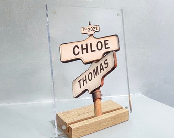 Personalized Crossroads Street Sign For Couples, Custom Wood Couple Name And Date Vintage Street Plaque, Valentine's Day Wedding Anniversary Engagement Gifts For Wife Husband Couples (Square