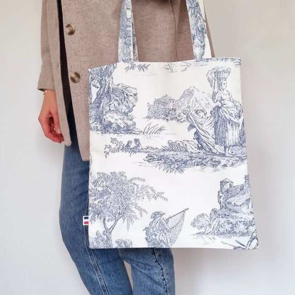 Tote bag Toile de Jouy bleu. made in France, cadeau.