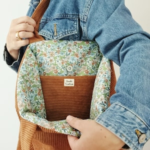 Corduroy tote bag with floral interior and pocket/velvet tote bag, made in France