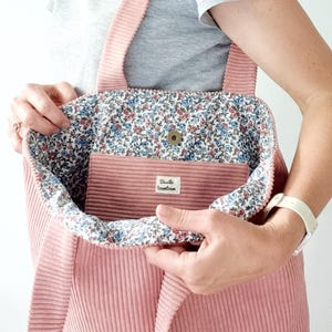 Corduroy tote bag with floral interior with pocket and closure/velvet tote bag, made in France