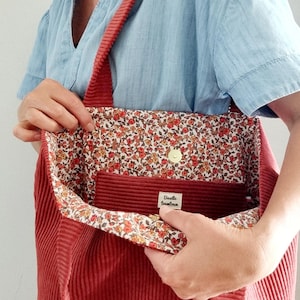 Corduroy tote bag with floral interior and pocket/velvet tote bag, made in France