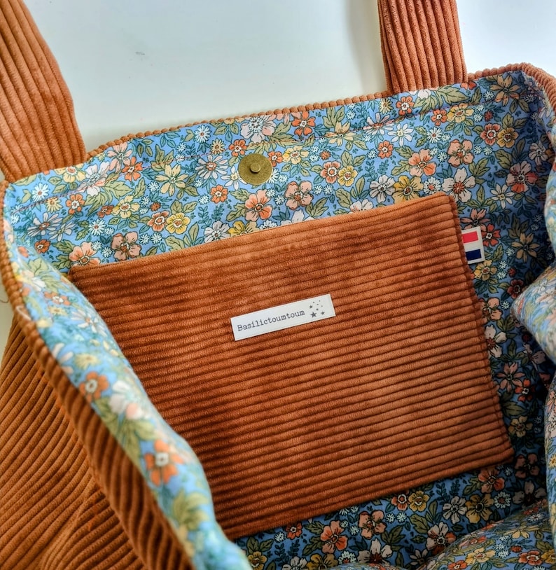 Sac cabas en velours côtelé intérieur fleuri avec poche et fermeture/ velvet tote bag, made in France Rouille