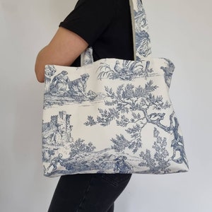 Bolsa de compras Toile de Jouy, bolso tote con cierre. Bolsa de mano azul, roja y verde. Hecho en Francia, regalo. Día de la Madre