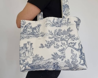 Toile de Jouy tote bag with zipper closure. Blue, red, and green tote bag. Made in France, gift.