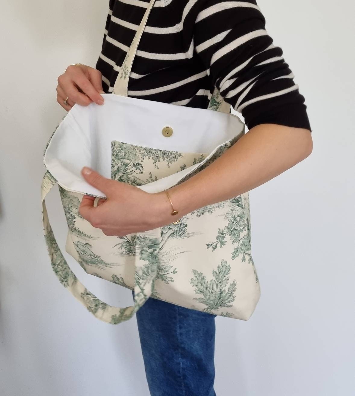 Sac Shopping Tote Bag - Toile De Jouy Scène Champêtre - Motifs Noirs Sur Lin