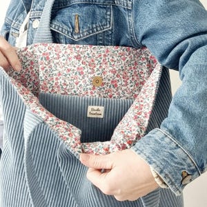 Sac cabas en velours côtelé intérieur fleuri avec poche et fermeture/ velvet tote bag, made in France