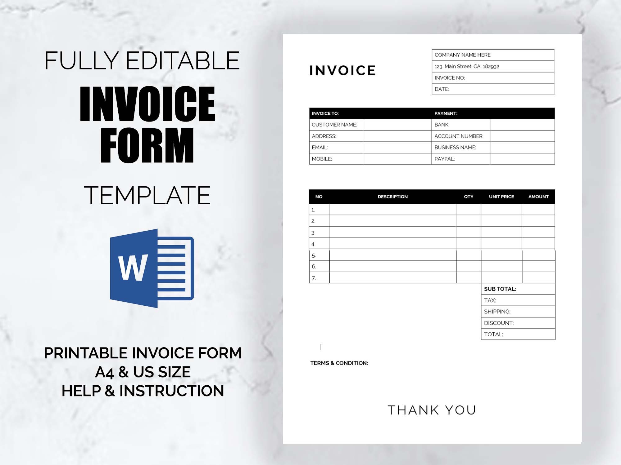 Editable Invoice Invoice Template Word Printable Invoice - Etsy