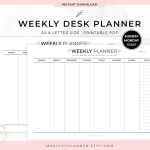 Peut inclure: Un modèle de planificateur hebdomadaire imprimable en noir et blanc avec un début le dimanche. Le planificateur comprend une section pour chaque jour de la semaine, une section de notes et un espace pour le numéro de la semaine. Le texte "Weekly Planner" est en haut de la page.