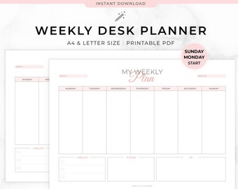 May include: Printable weekly desk planner in A4 and letter size. The planner has a pink and white color scheme and includes a section for "My Weekly Plan" with spaces for each day of the week. The planner also includes a section for "Weekly Goals" and "Daily Goals".