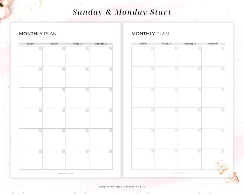 Undated Monthly Planner Printable, Month on Two Pages, Monthly Calendar ...