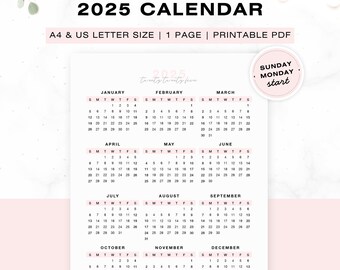 Calendario anual 2025 imprimible, resumen del año, calendario de escritorio, diseño vertical, inicio de domingo a lunes, inserto de planificador tamaño carta A4