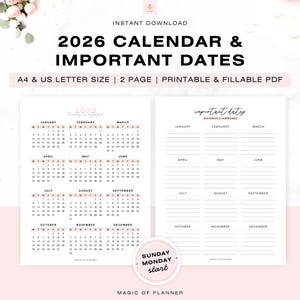 Calendário 2026 e datas importantes para impressão em PDF preenchível, resumo do ano, início de domingo a segunda, planejador de datas especiais, encarte tamanho A4