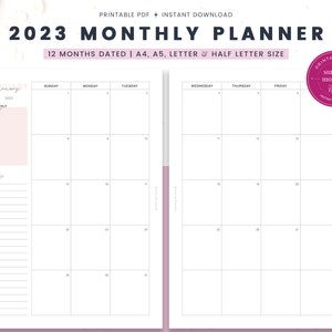 Planificador mensual 2023 imprimible, mes en dos páginas, inserciones de calendario mensual, inicio de domingo, inicio de lunes, A4, A5, carta, tamaño de media carta