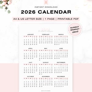 2026 Pink Yearly Calendar Printable, Year At A Glance, Desk Calendar, Vertical Layout, Sunday Monday Start, A4 Letter Size Planner Inserts image 1
