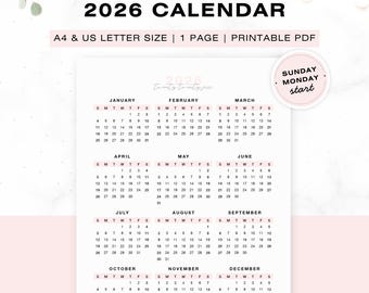 Calendario anual rosa imprimible 2026, resumen del año, calendario de escritorio, diseño vertical, inicio de domingo a lunes, insertos para planificador tamaño carta A4