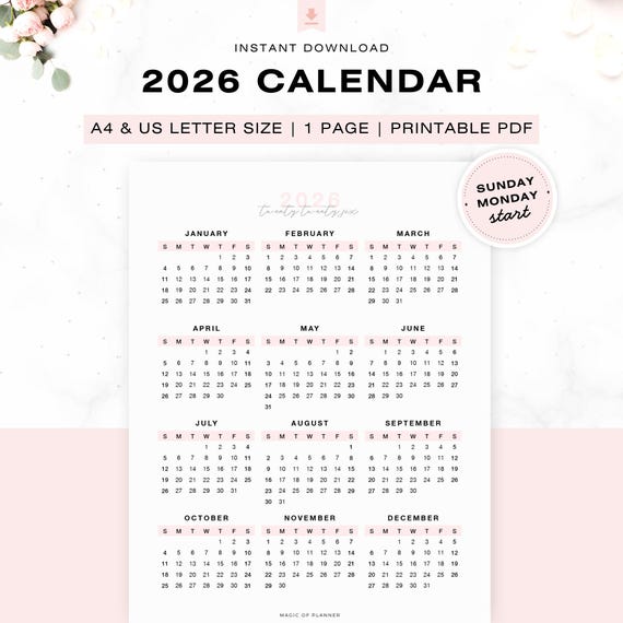 2026 Pink Yearly Calendar Printable, Year At A Glance, Desk Calendar, Vertical Layout, Sunday Monday Start, A4 Letter Size Planner Inserts