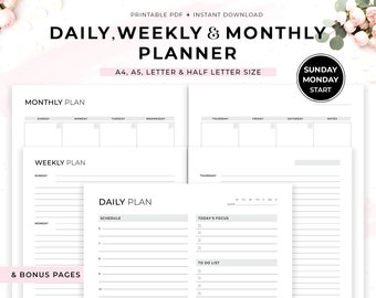 May include: Printable daily, weekly, and monthly planner in A4, A5, letter, and half letter sizes. The planner has sections for scheduling, to-do lists, and notes. The cover features a floral design and the text "Sunday Monday Start".