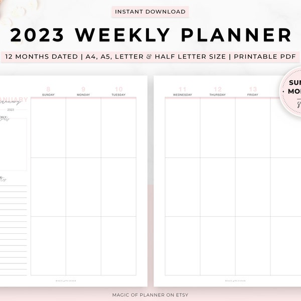 2023 Dated Weekly Planner Printable, Week on Two Page, Vertical Weekly Schedule, Sunday Monday Start, A4, A5, Letter and Half Letter Size