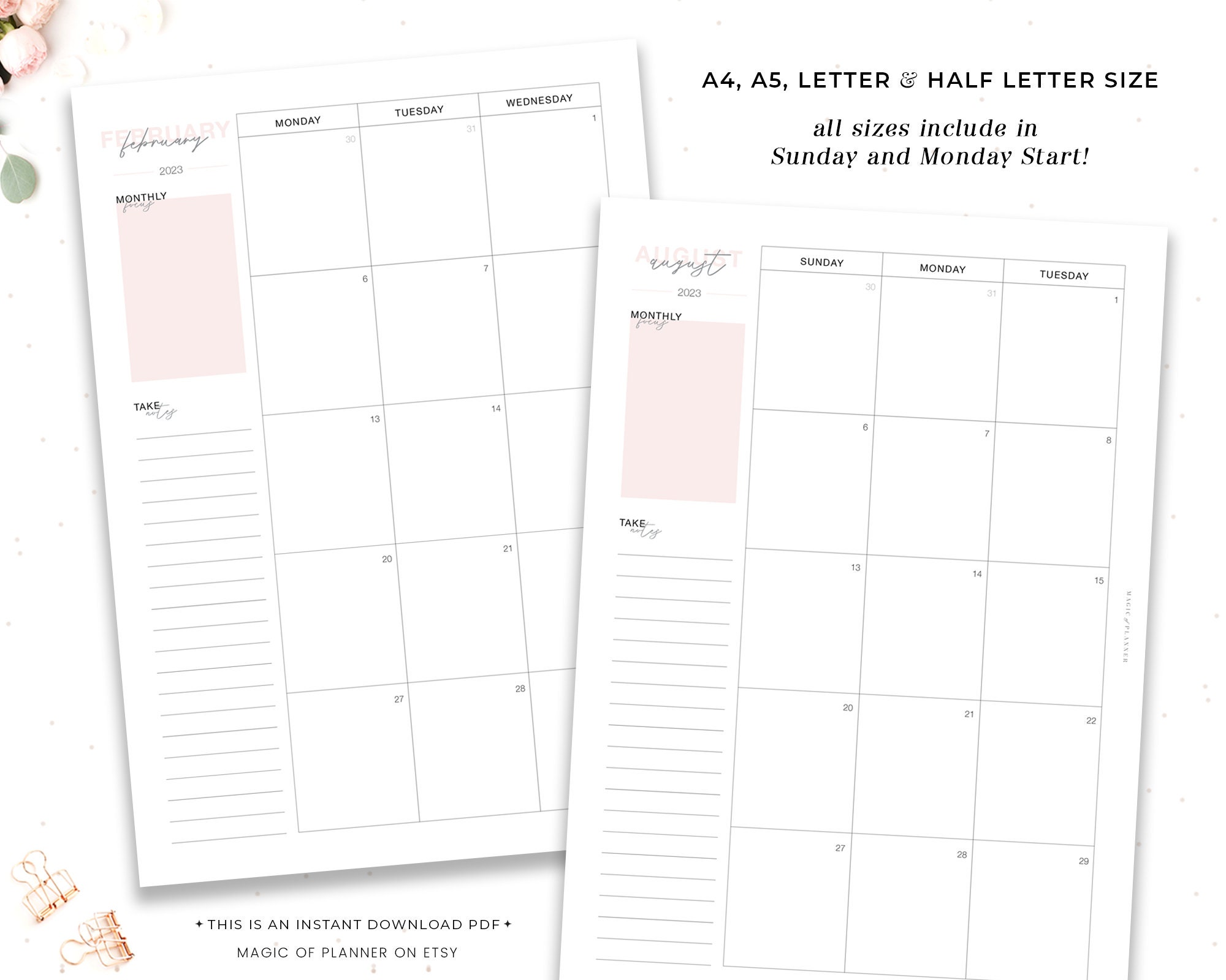 2023 Monthly Planner Printable Month on Two Pages Monthly - Etsy