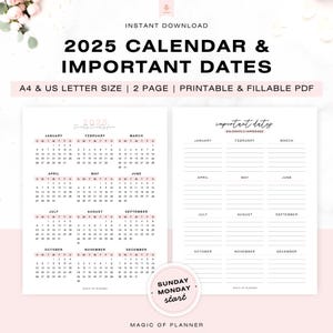 Kalender 2025 en belangrijke datums Afdrukbare invulbare pdf, jaar in één oogopslag, start zondag, maandag, planner speciale datums invoegen A4 Letter-formaat