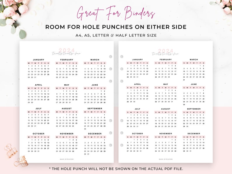 2024 Calendar Printable, Year at A Glance, Desk Calendar, Yearly