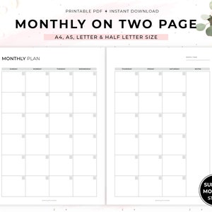 Planificador mensual sin fecha imprimible, mes en dos páginas, inserciones de calendario mensual, inicio del domingo lunes, A4, A5, carta, tamaño de media carta