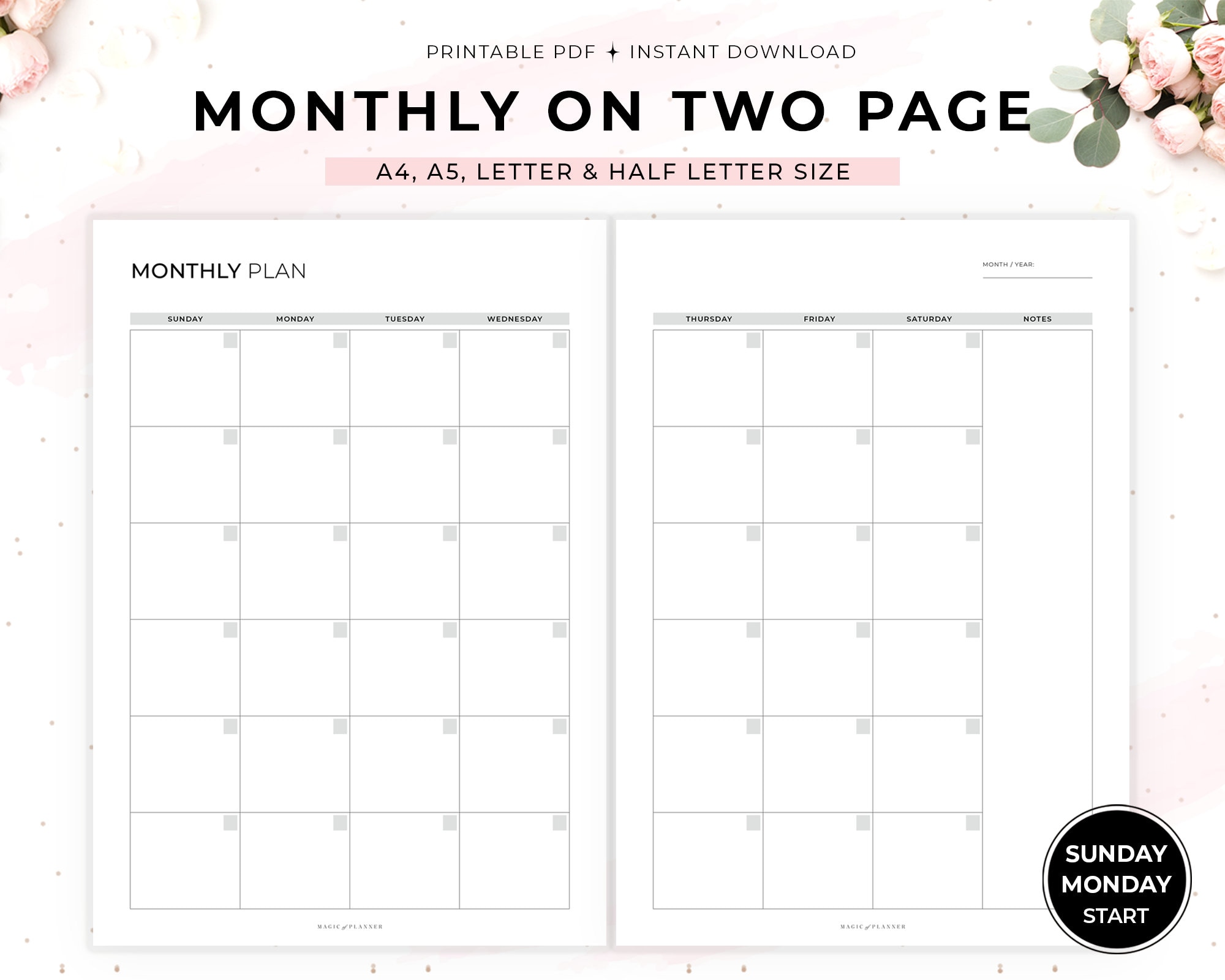 undated-monthly-planner-printable-month-on-two-pages-monthly-calendar-inserts-sunday-monday-start-a4-a5-letter-half-letter-size-etsy